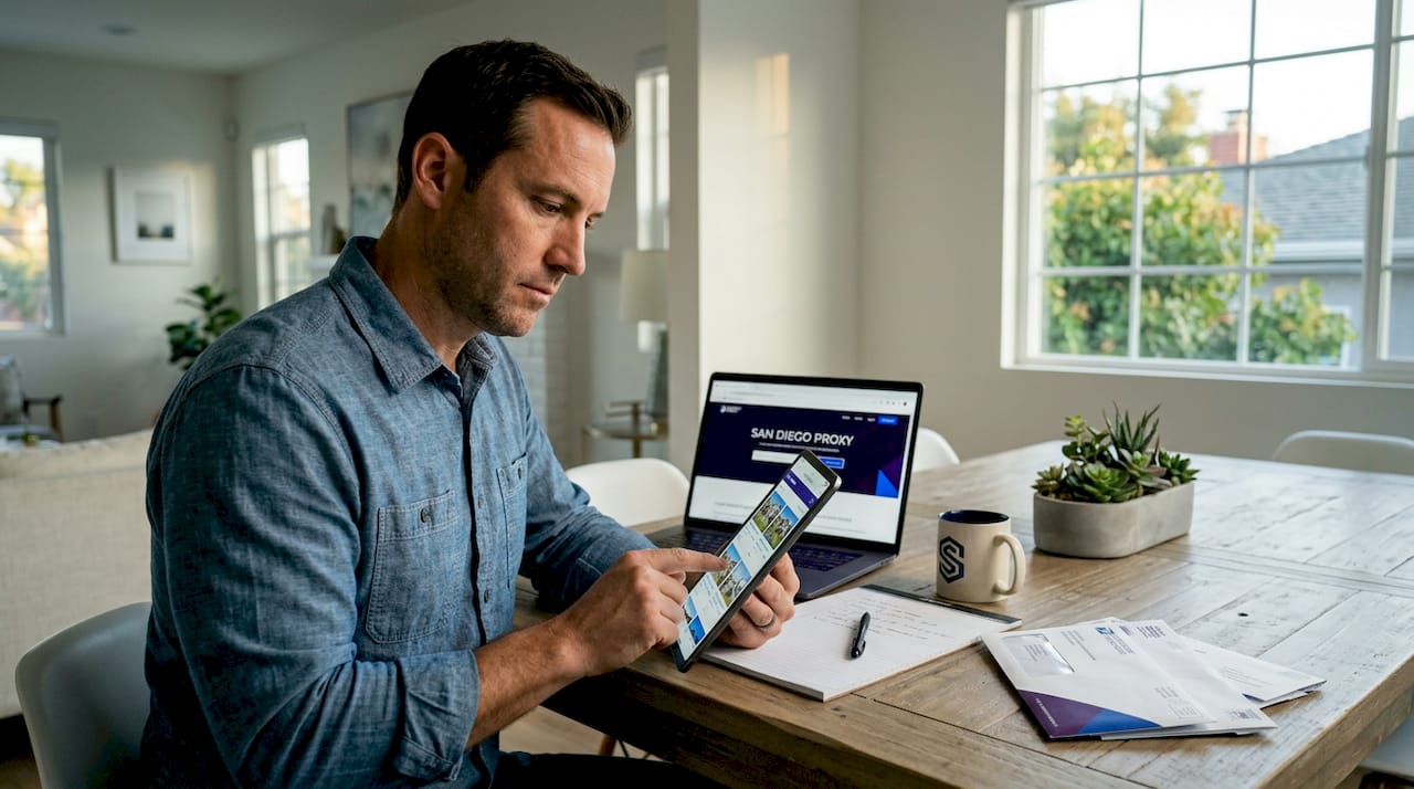 Man reviewing agent listings at kitchen table