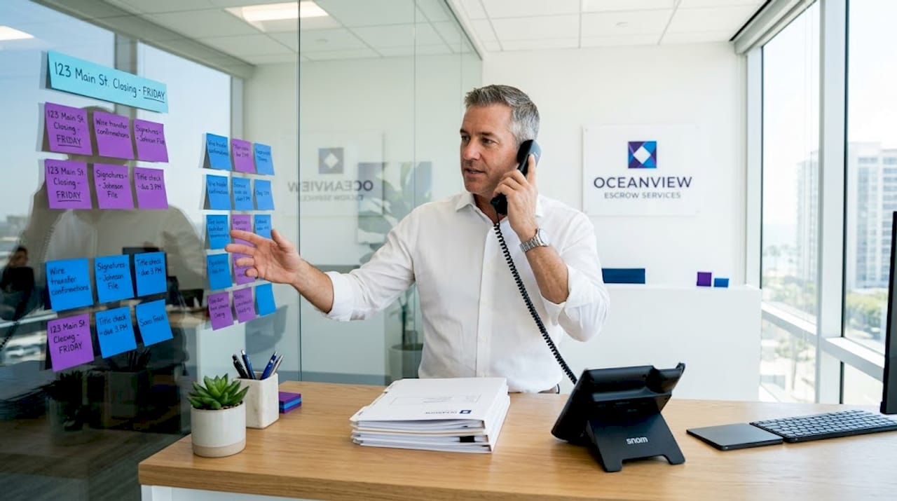 Title officer coordinating closing documents in busy office