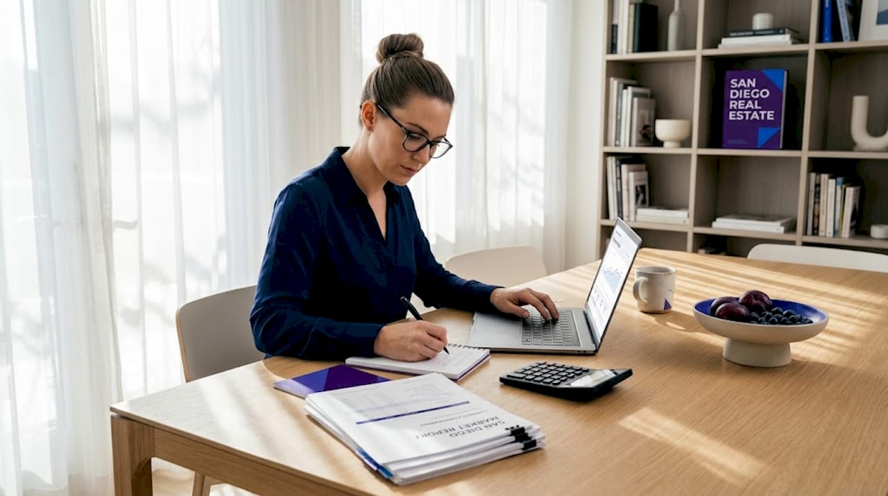 Woman calculating home purchase costs at kitchen table