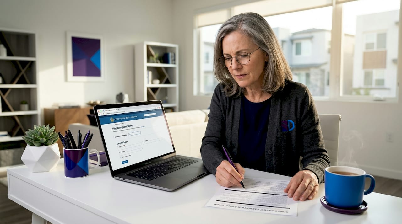 Woman applying for property tax exemption at home desk