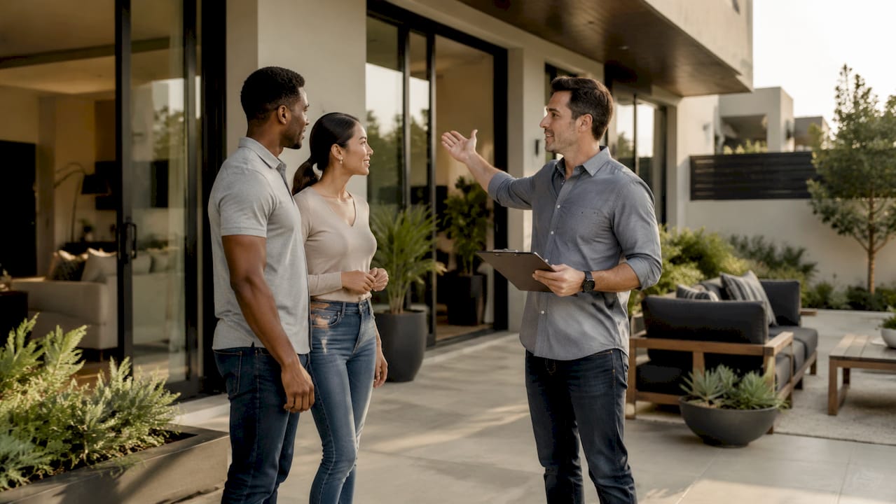 Couple speaking with listing agent at home entrance