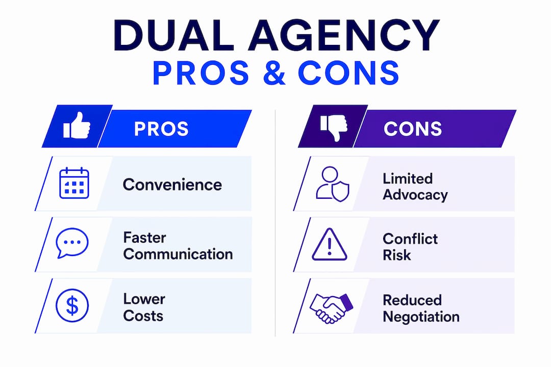 Infographic comparing pros and cons of dual agency