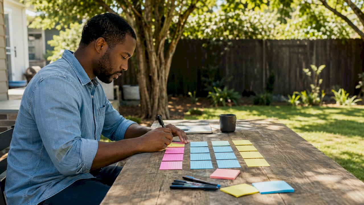 Hands sorting homebuying criteria list at table