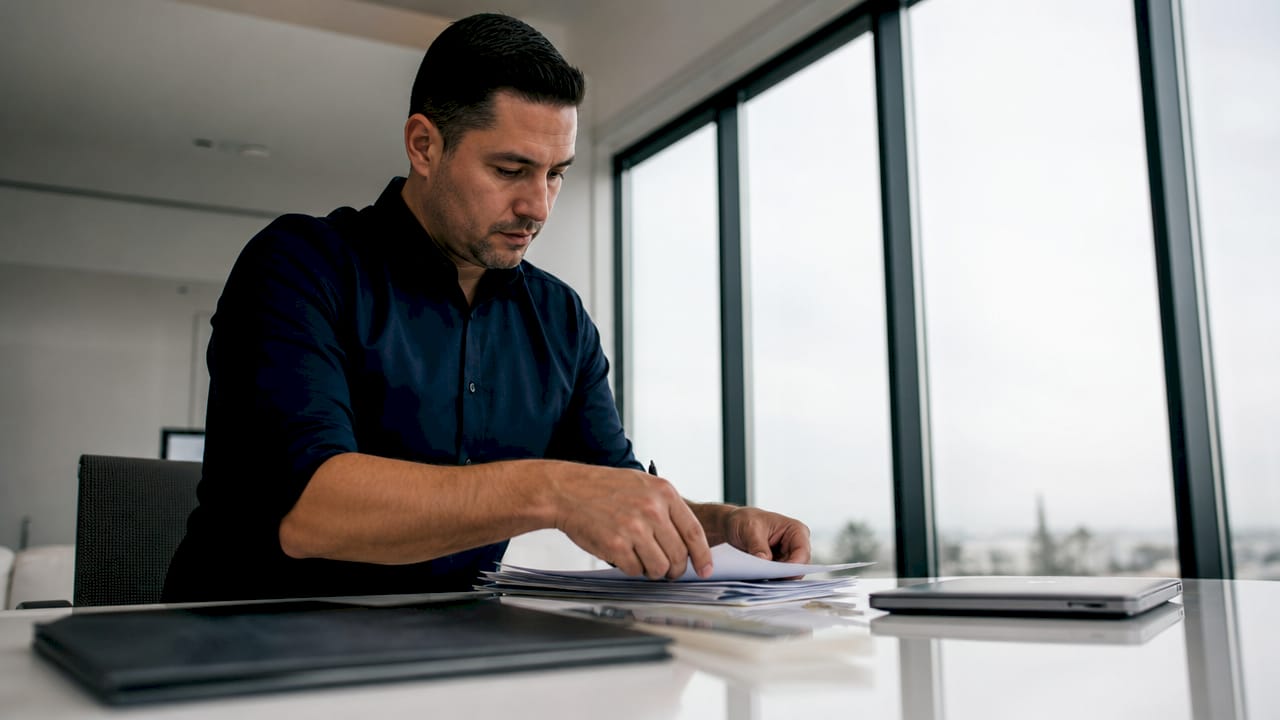 Real estate agent arranging disclosure papers at desk
