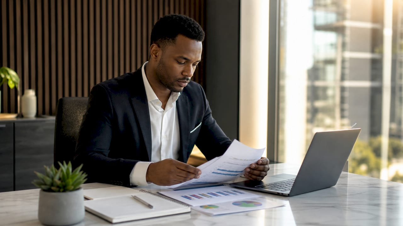 Hands organizing HOA documents on desk