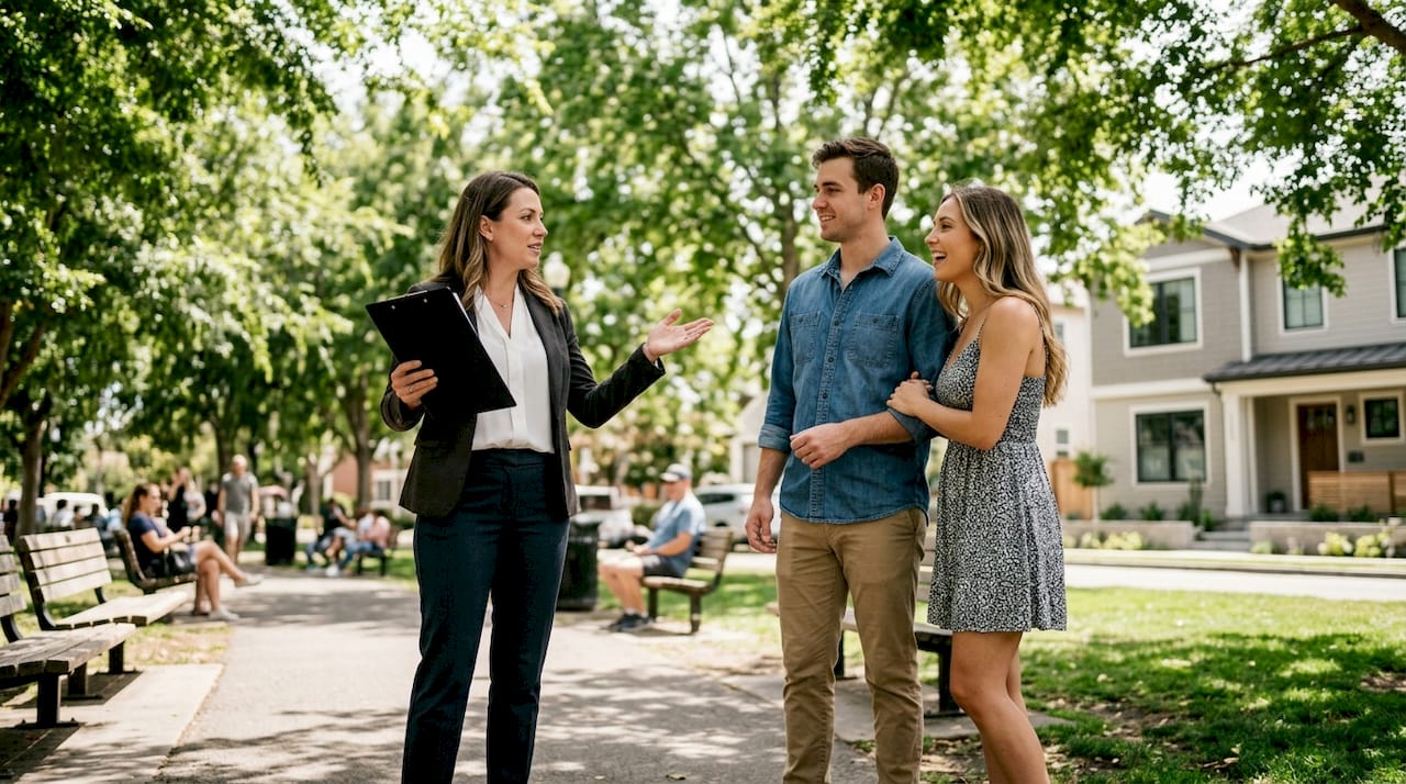 Real estate agent explains market supply to couple outdoors