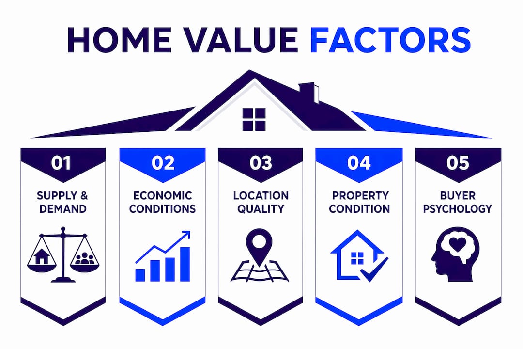Infographic showing key factors affecting home value fluctuations