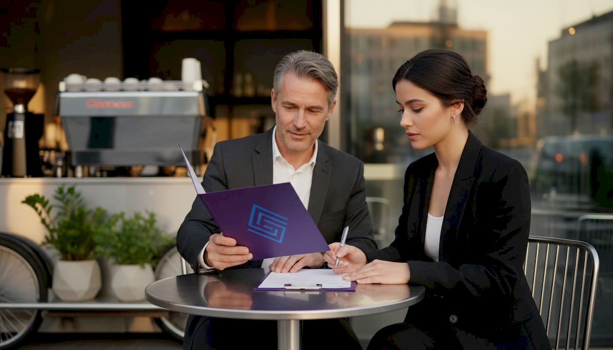 Buyer and seller exchanging disclosure documents at office