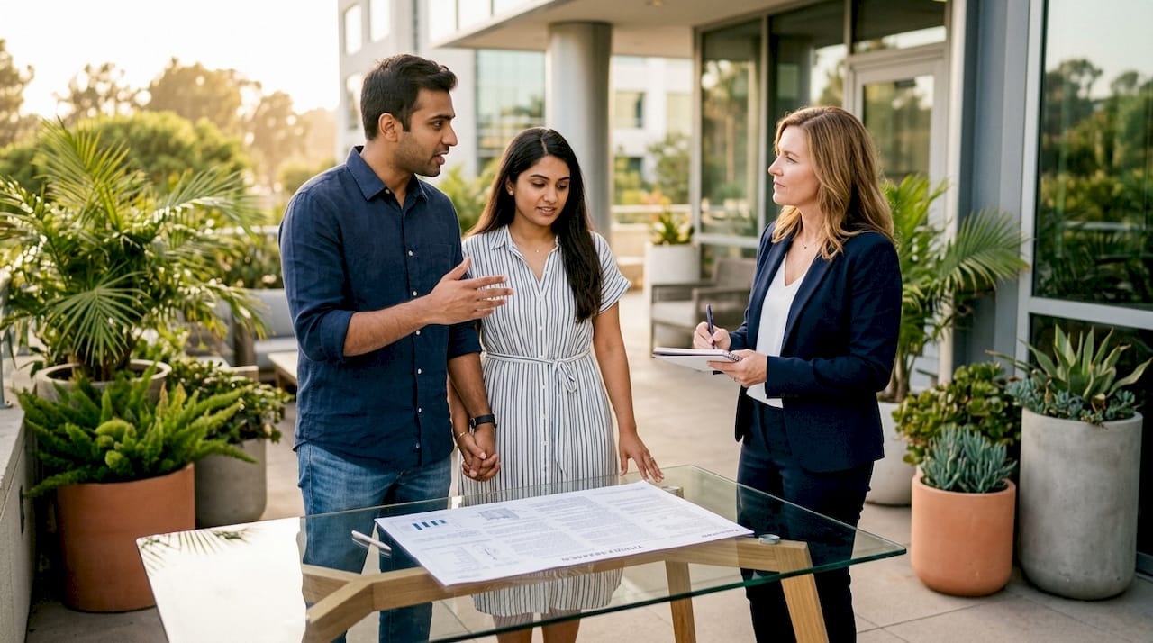 Couple consulting agent about title search report