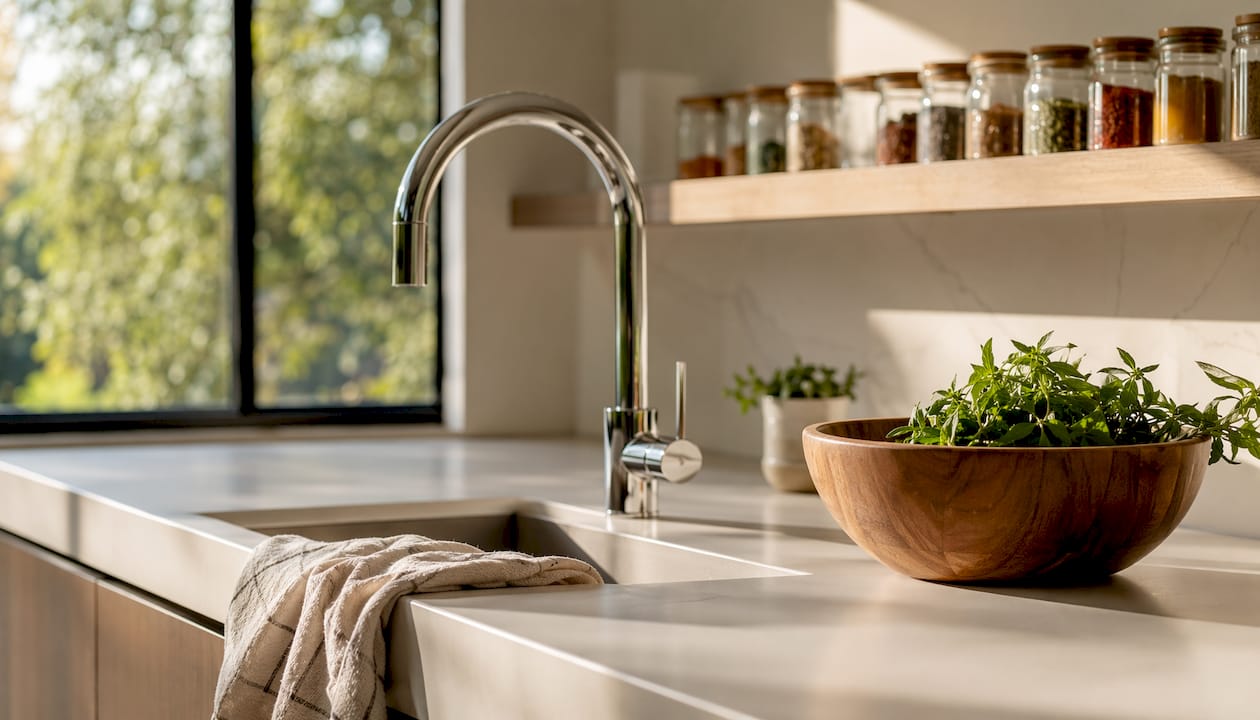 Clean staged kitchen with polished faucet