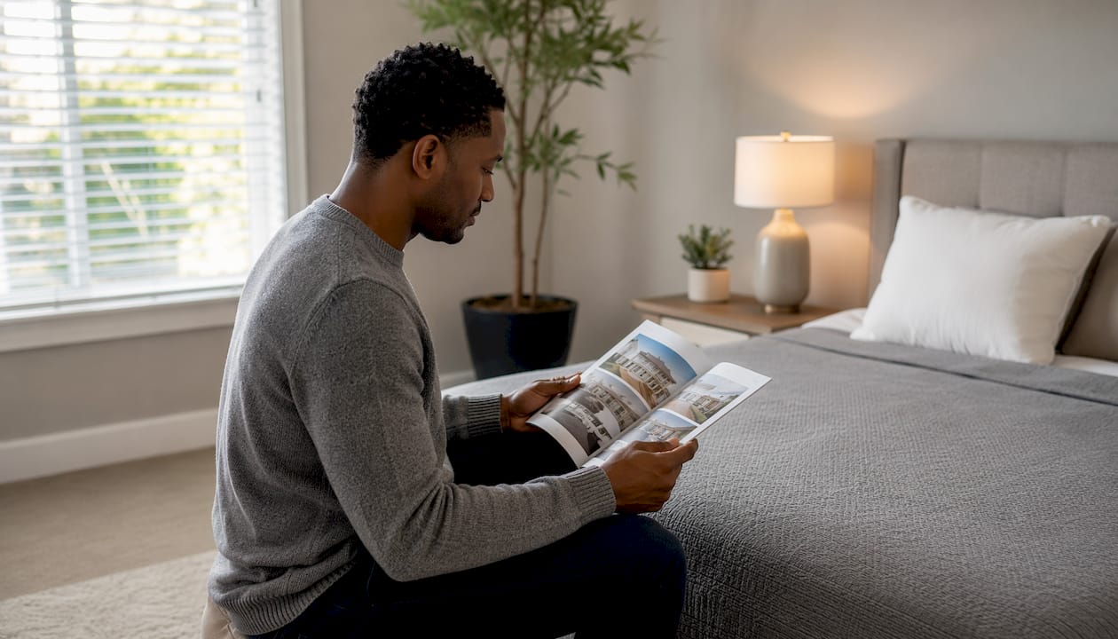 Buyer visualizing staged bedroom environment
