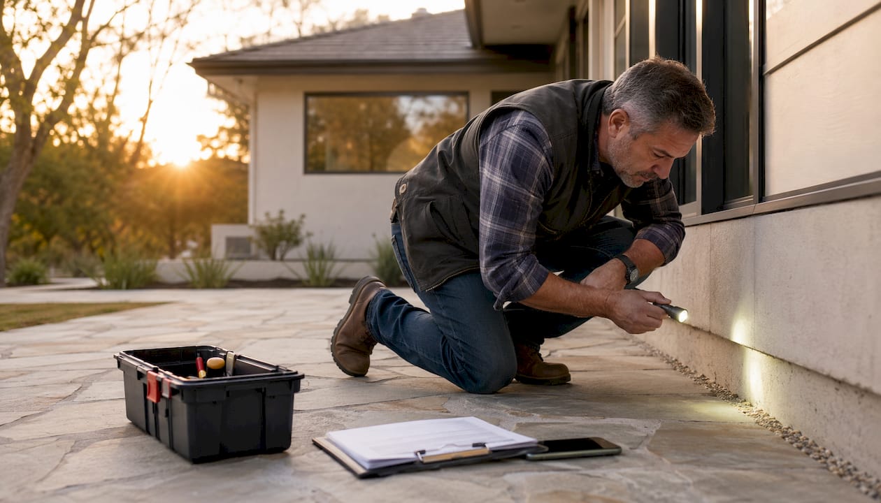 Home inspector examining house foundation