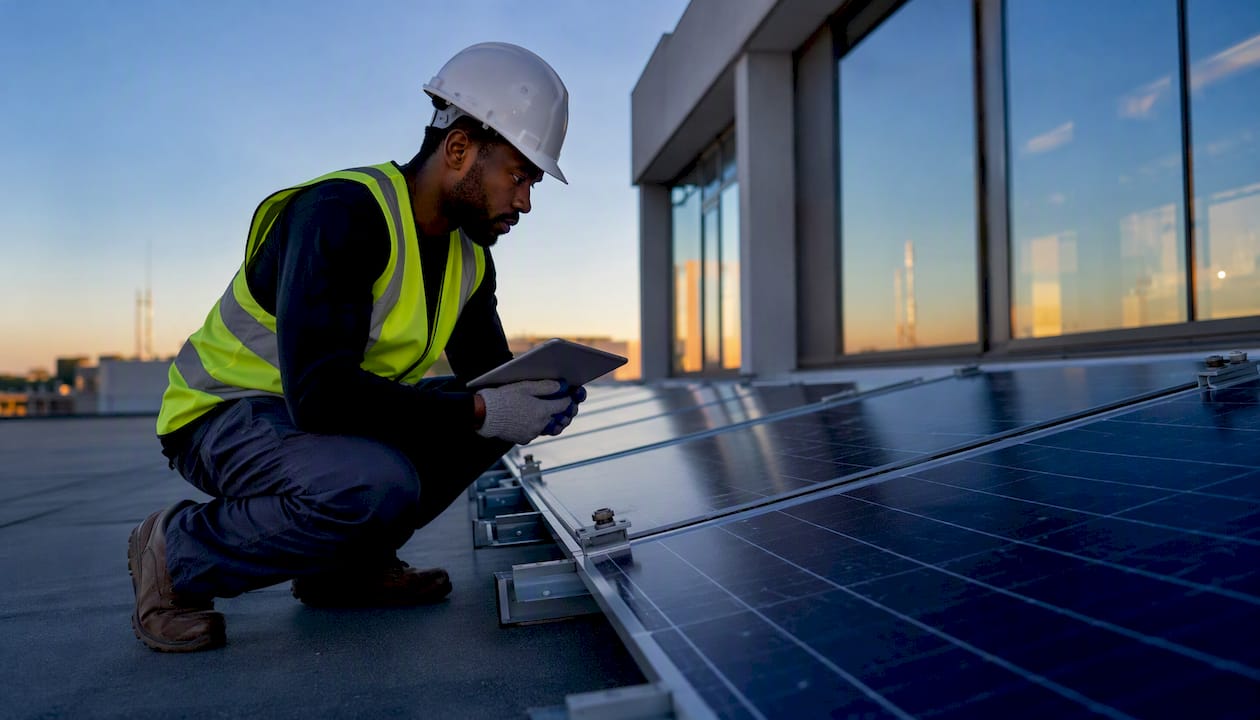 Installer inspecting rooftop solar panels outdoors