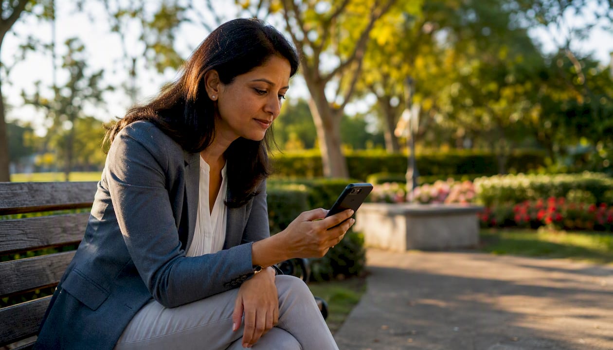 Woman using smartphone for virtual home tour at cafe