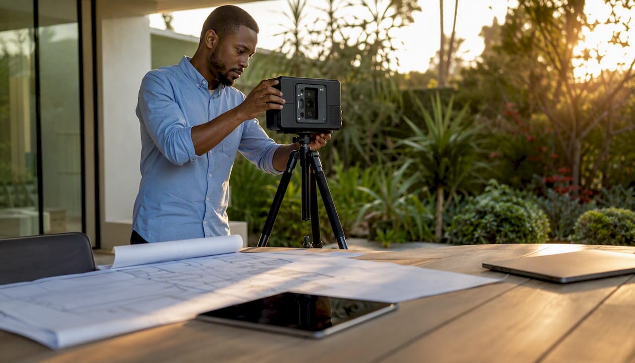 Real estate agent setting up 3D scanning camera indoors