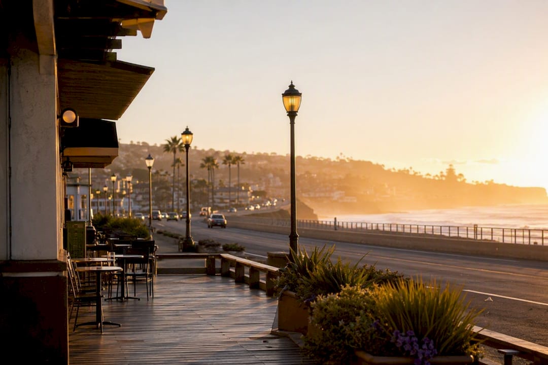 Boardwalk and street scene in North County Coastal town