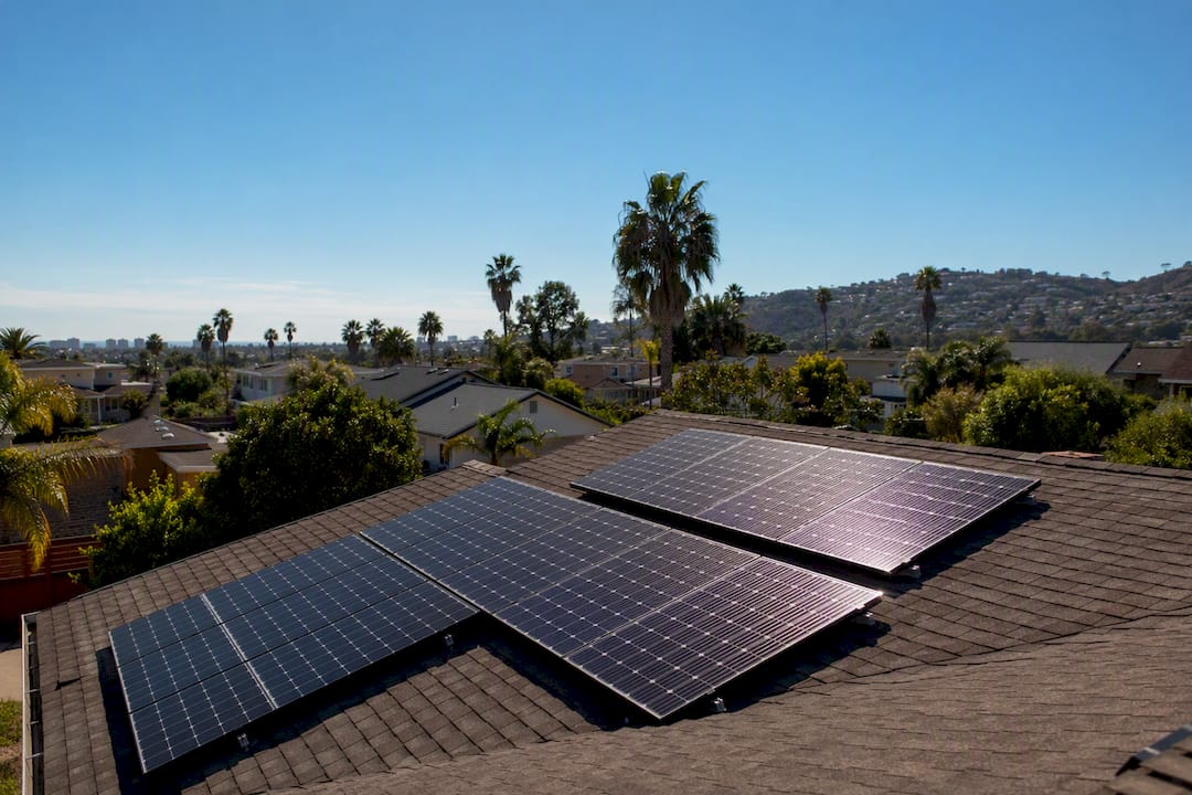 Rooftop solar panels in sunny San Diego neighborhood