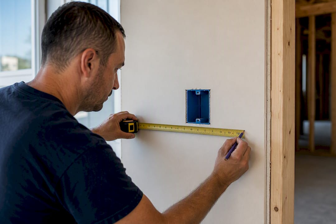 Electrician measuring outlet relocation in new home