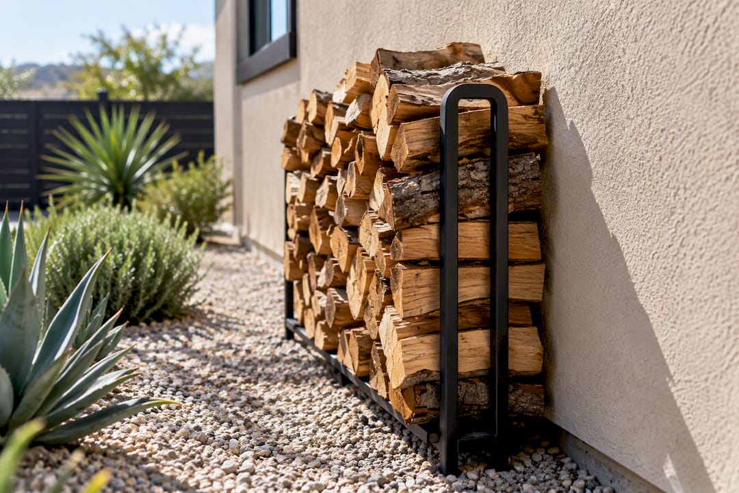 Firewood stacked beside an exterior wall