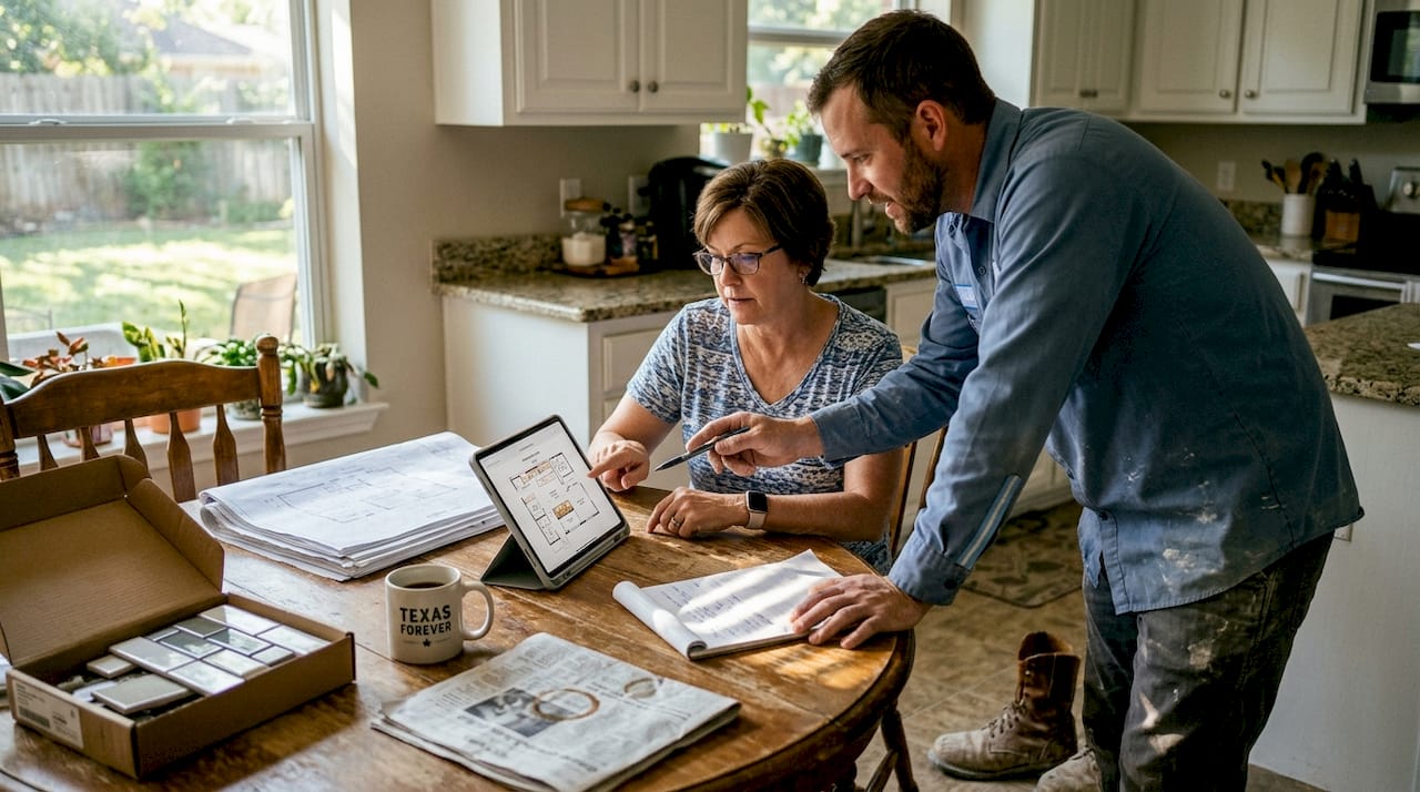 Homeowner and contractor review renovation app progress