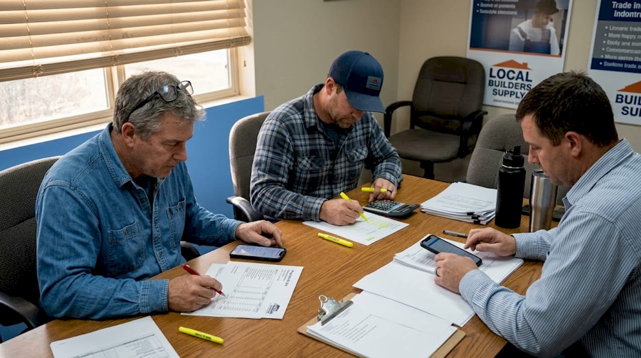Contractors reviewing and comparing paper bids