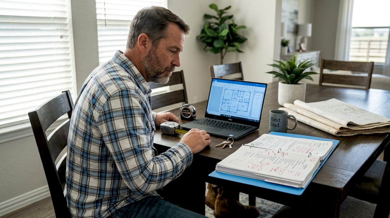 Contractor reviewing bid documents in Texas home