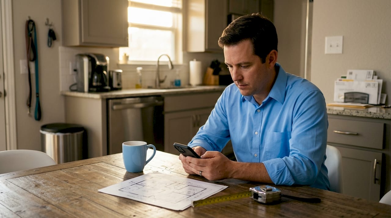 Homeowner checking renovation updates in bright kitchen