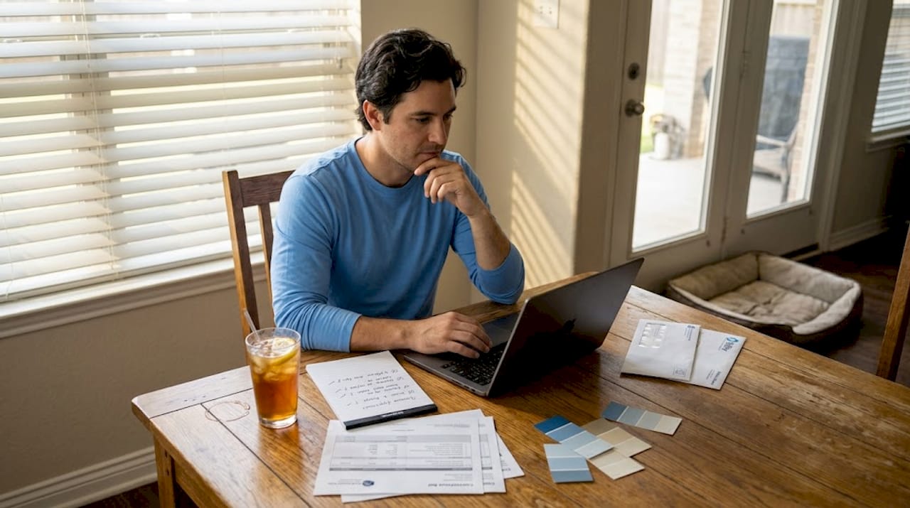 Homeowner checks contractor bids on laptop at kitchen table