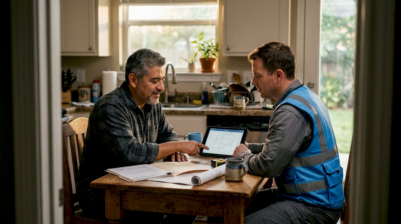 Homeowner and contractor review documents in kitchen