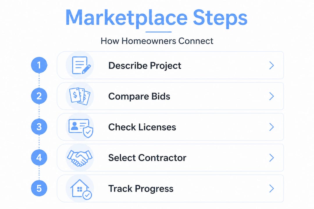 Marketplace process steps infographic for Texas homeowners