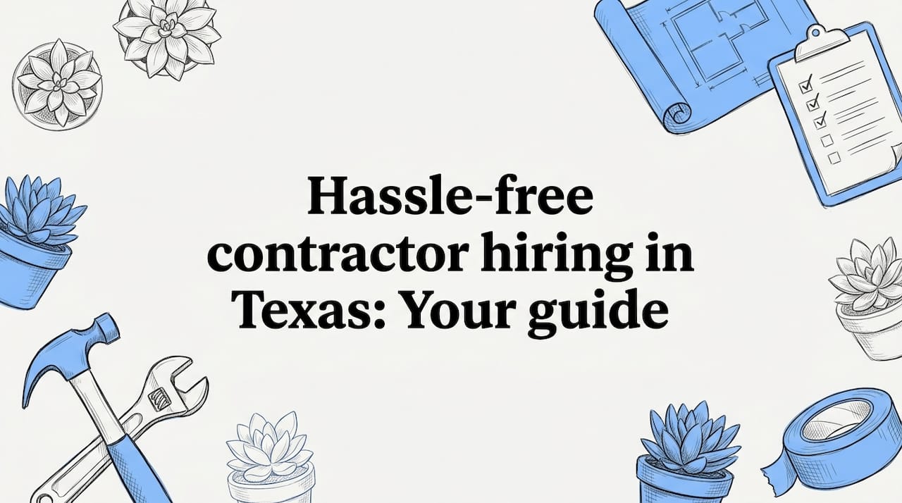 Decorative hand-drawn Texas contractor tools framing a title area