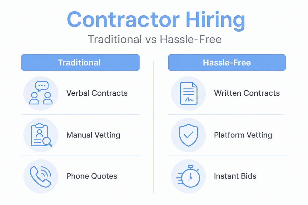 Infographic comparing traditional and hassle-free contractor hiring