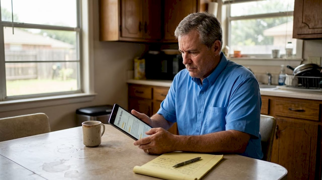 Homeowner reading reviews at kitchen table