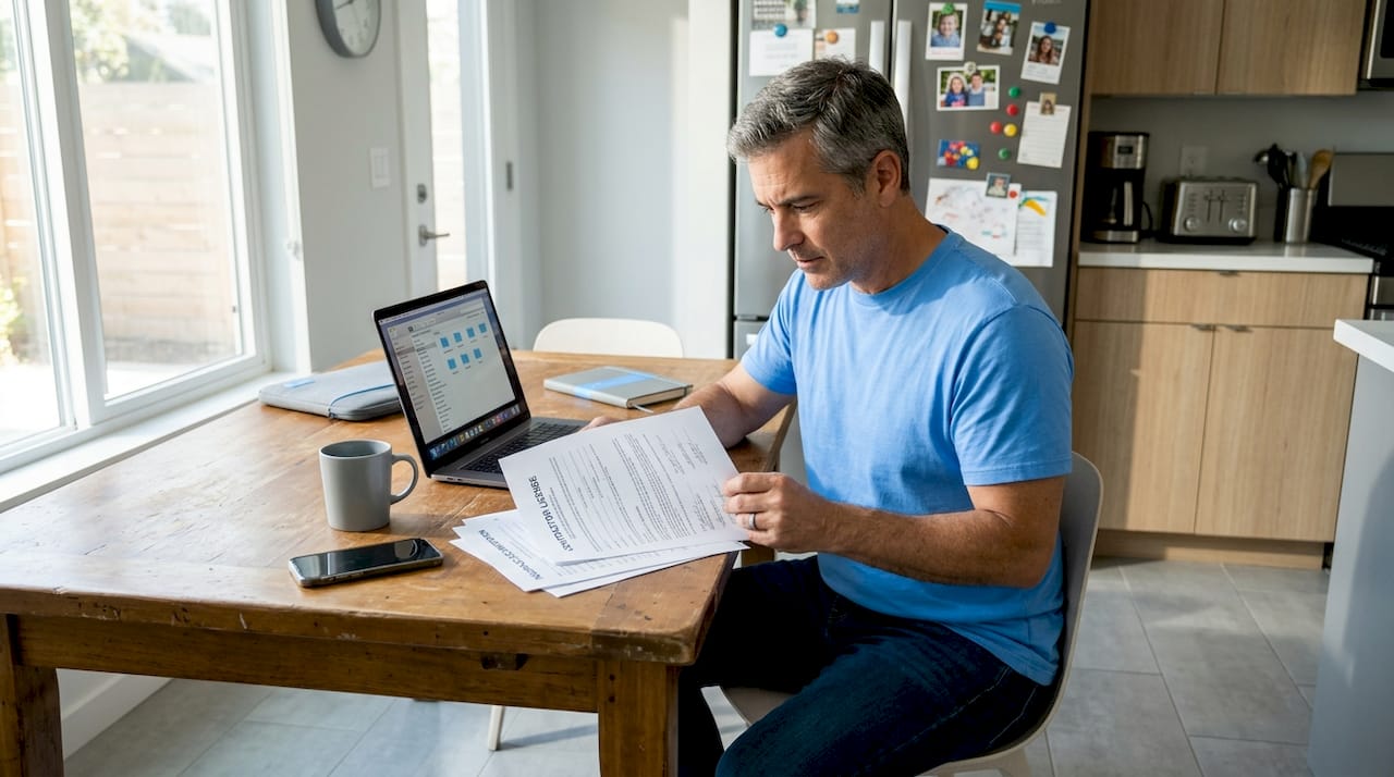 Homeowner reviewing contractor documents at kitchen table