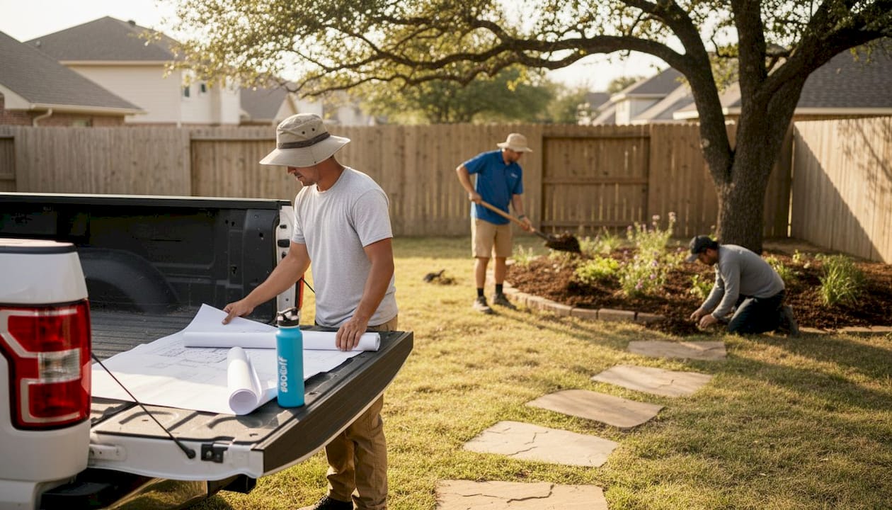 Landscaping crew works in a Texas backyard