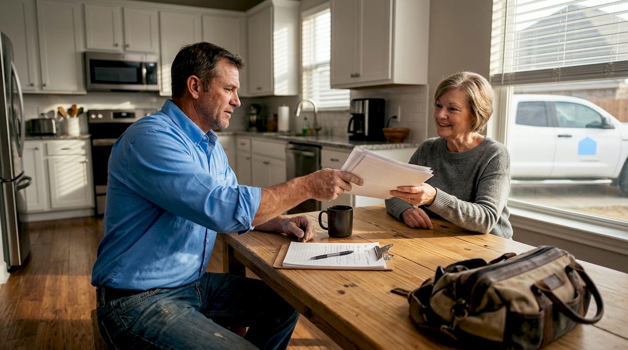 Contractor handing insurance papers Texas home