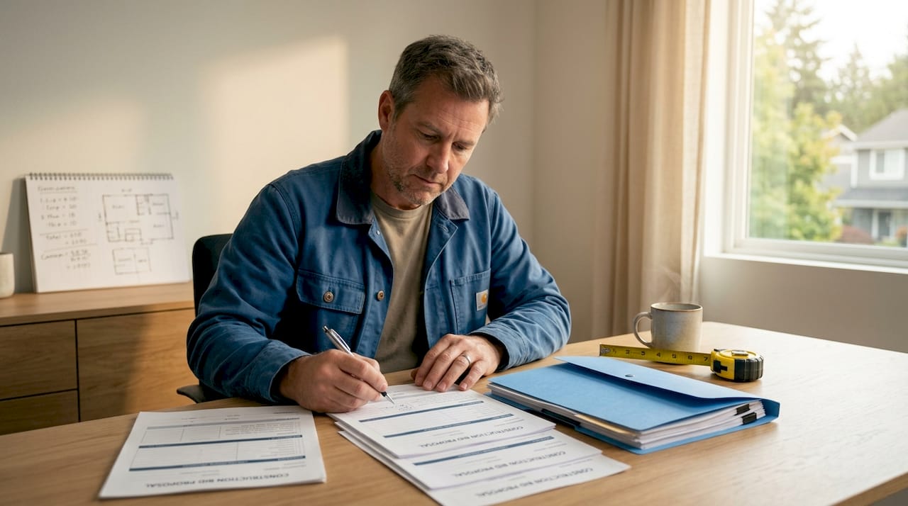 Contractor reviews printed project bids at home table