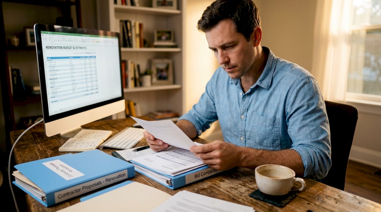 Homeowner sorting renovation bids at kitchen table