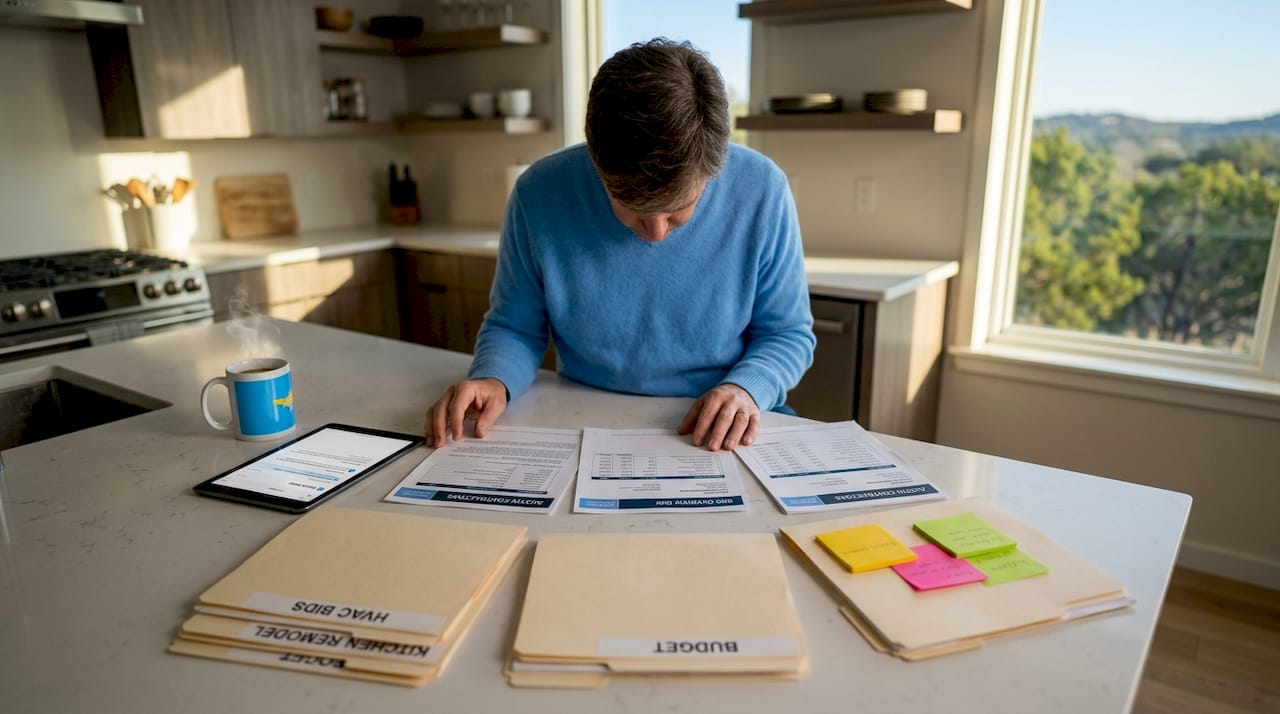 Homeowner reviewing contractor bids at kitchen table