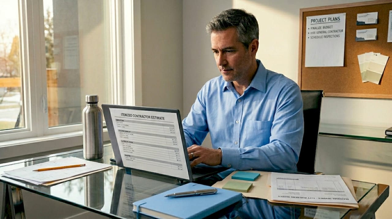 Homeowner reviews contractor estimate at table