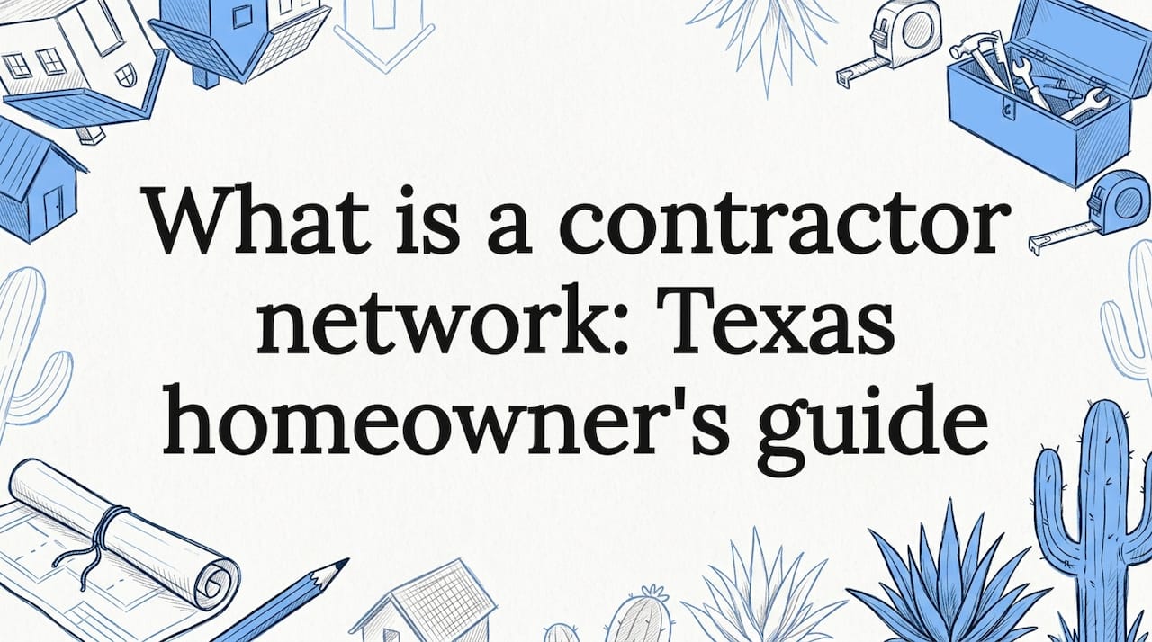 Decorative Texas contractor network title card surrounded by tools and homes