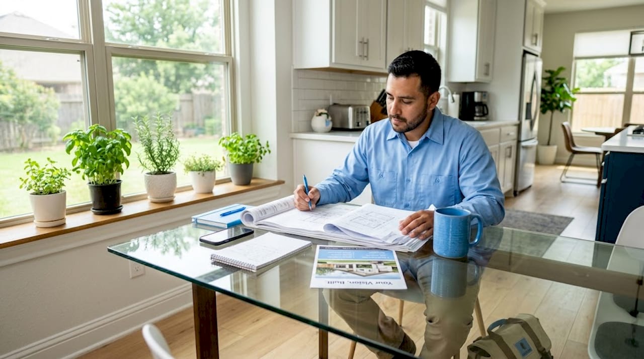 Contractor reviews work orders at Texas home kitchen table