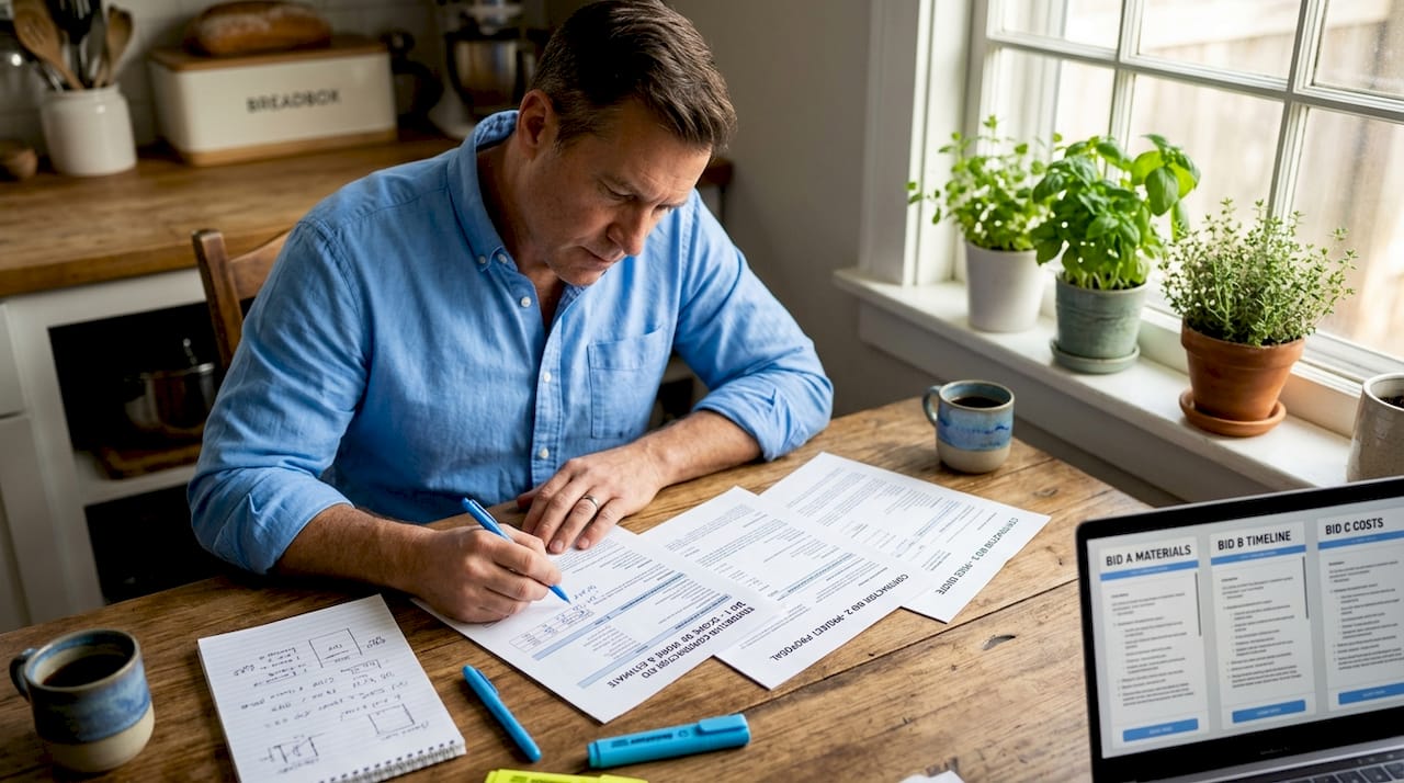 Homeowner comparing contractor bids at kitchen table