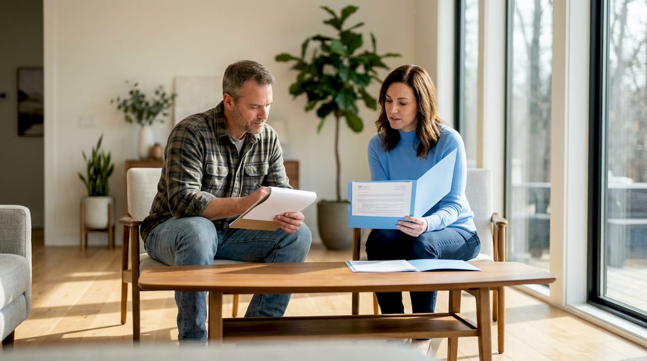 Contractor and homeowner reviewing project paperwork