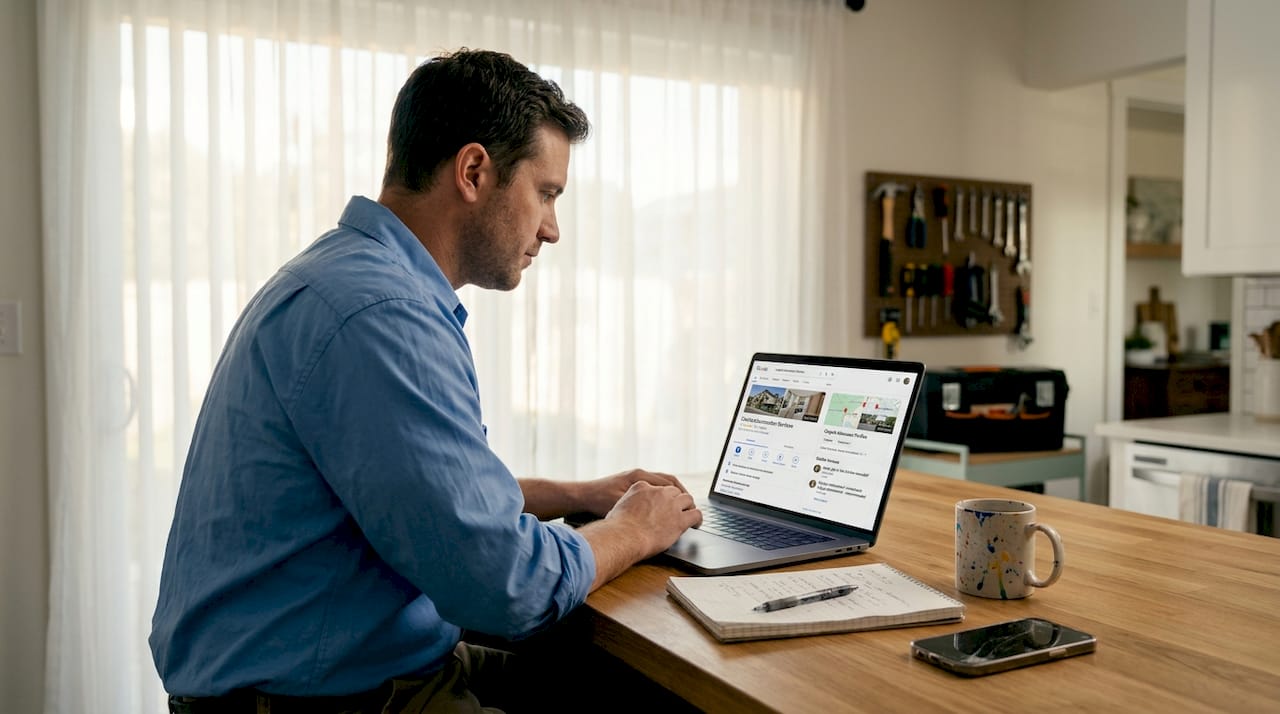 Contractor viewing Google Business Profile at kitchen