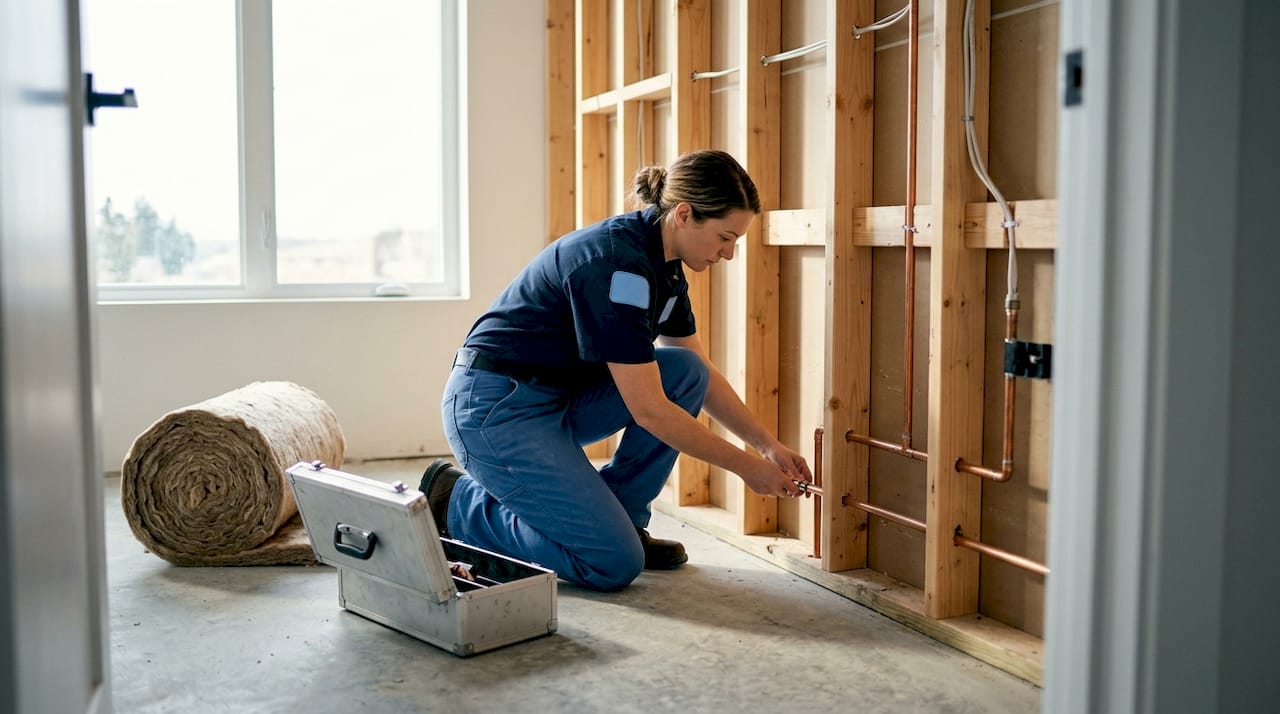 Plumber works on rough-in bathroom plumbing