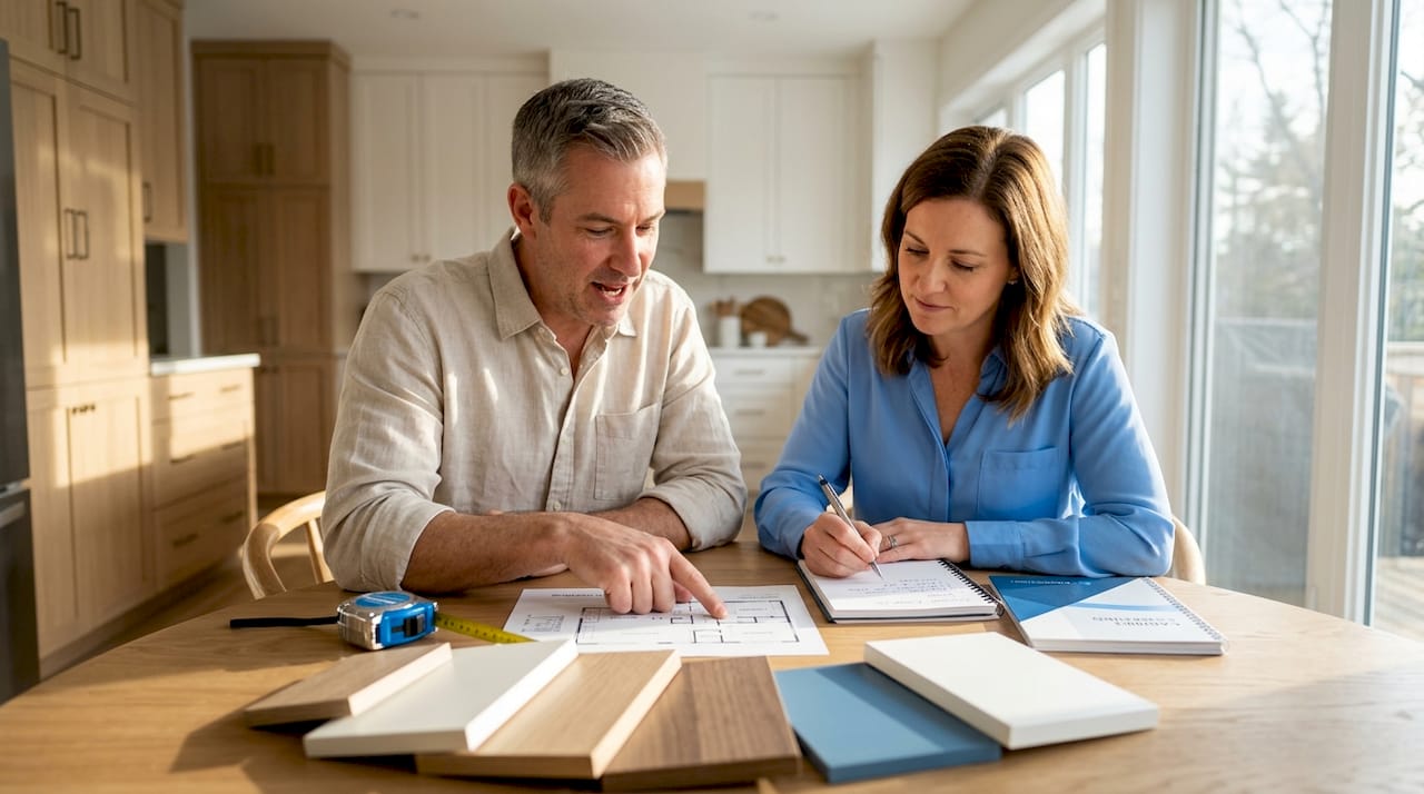 Couple planning kitchen remodel at table