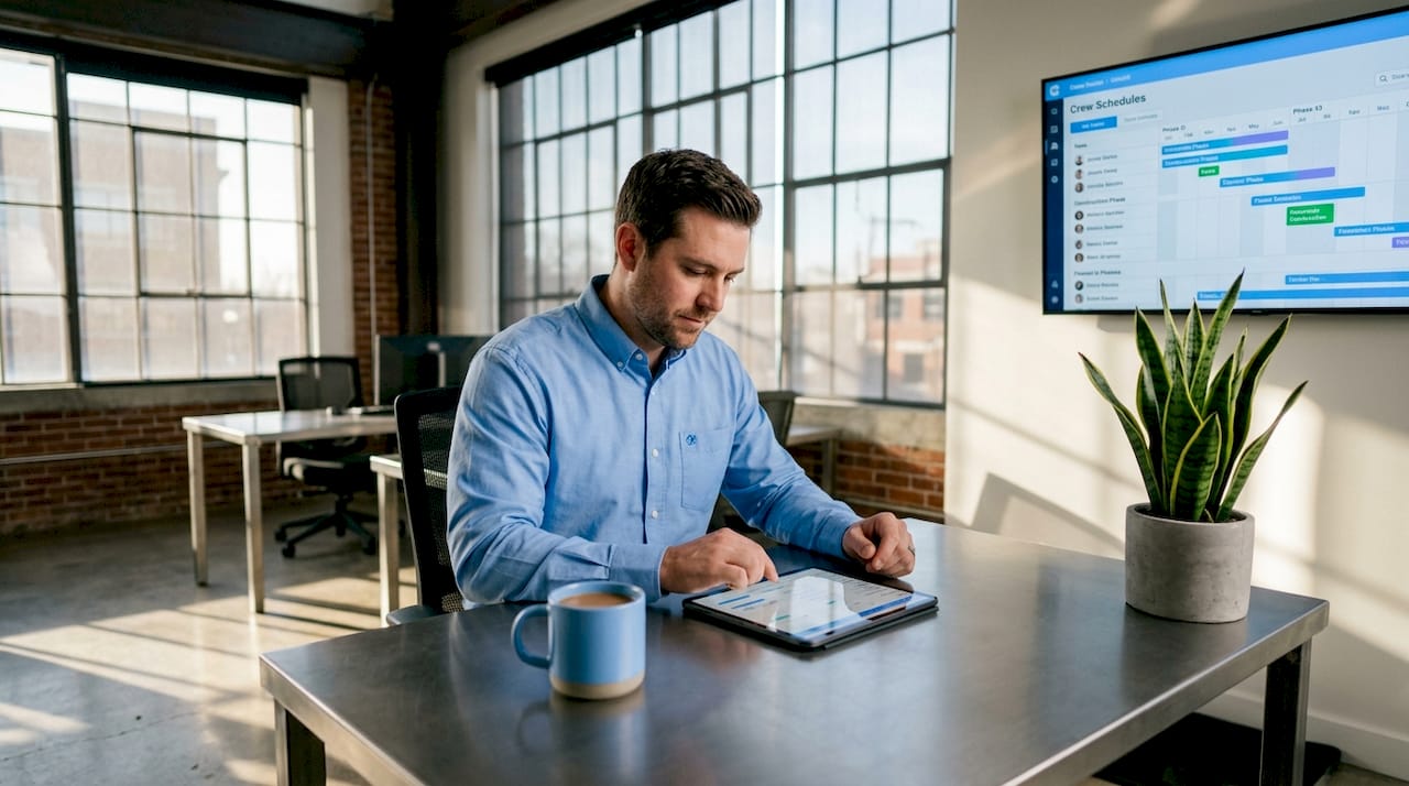 Contractor reviewing projects on tablet at home office