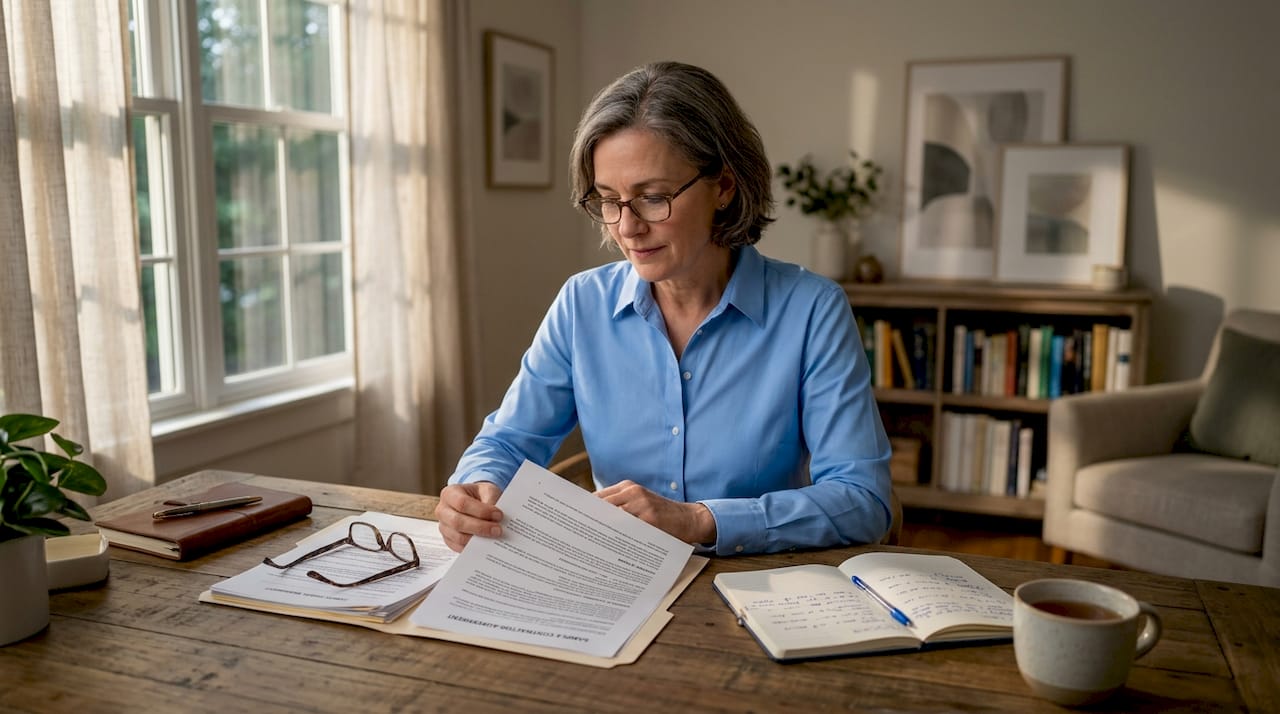 Homeowner reviews contractor paperwork at dining table