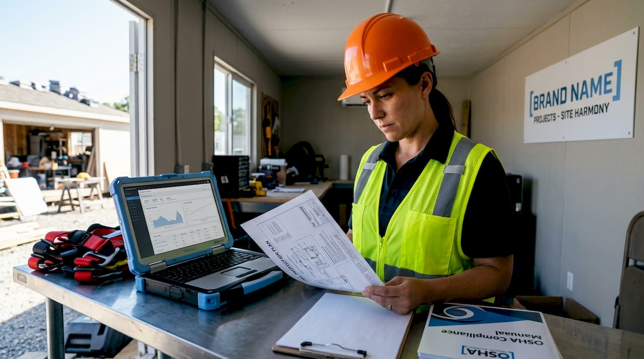 Roofing supervisor reviewing safety plan outdoors